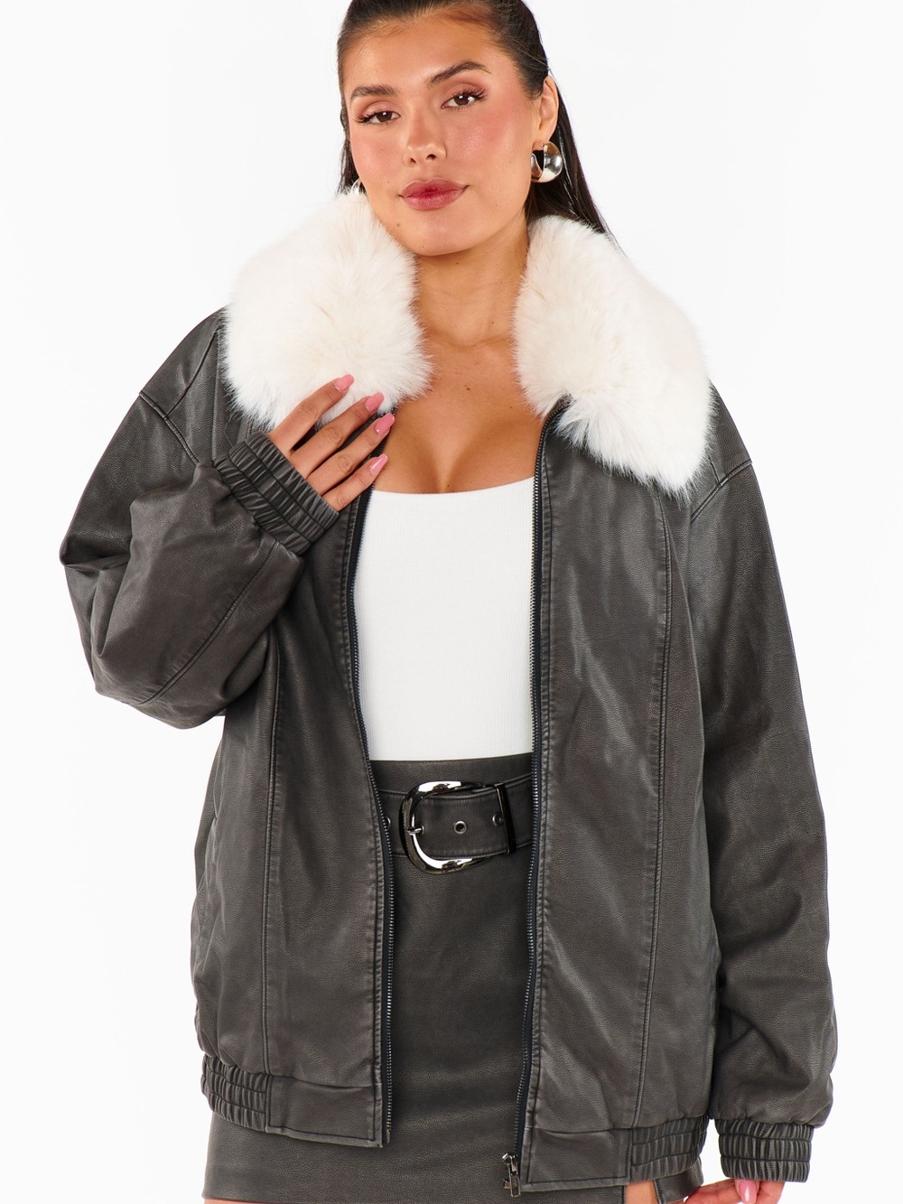Show Me Your MuMu Charcoal Faux Leather Jacket with White Faux Fur Collar